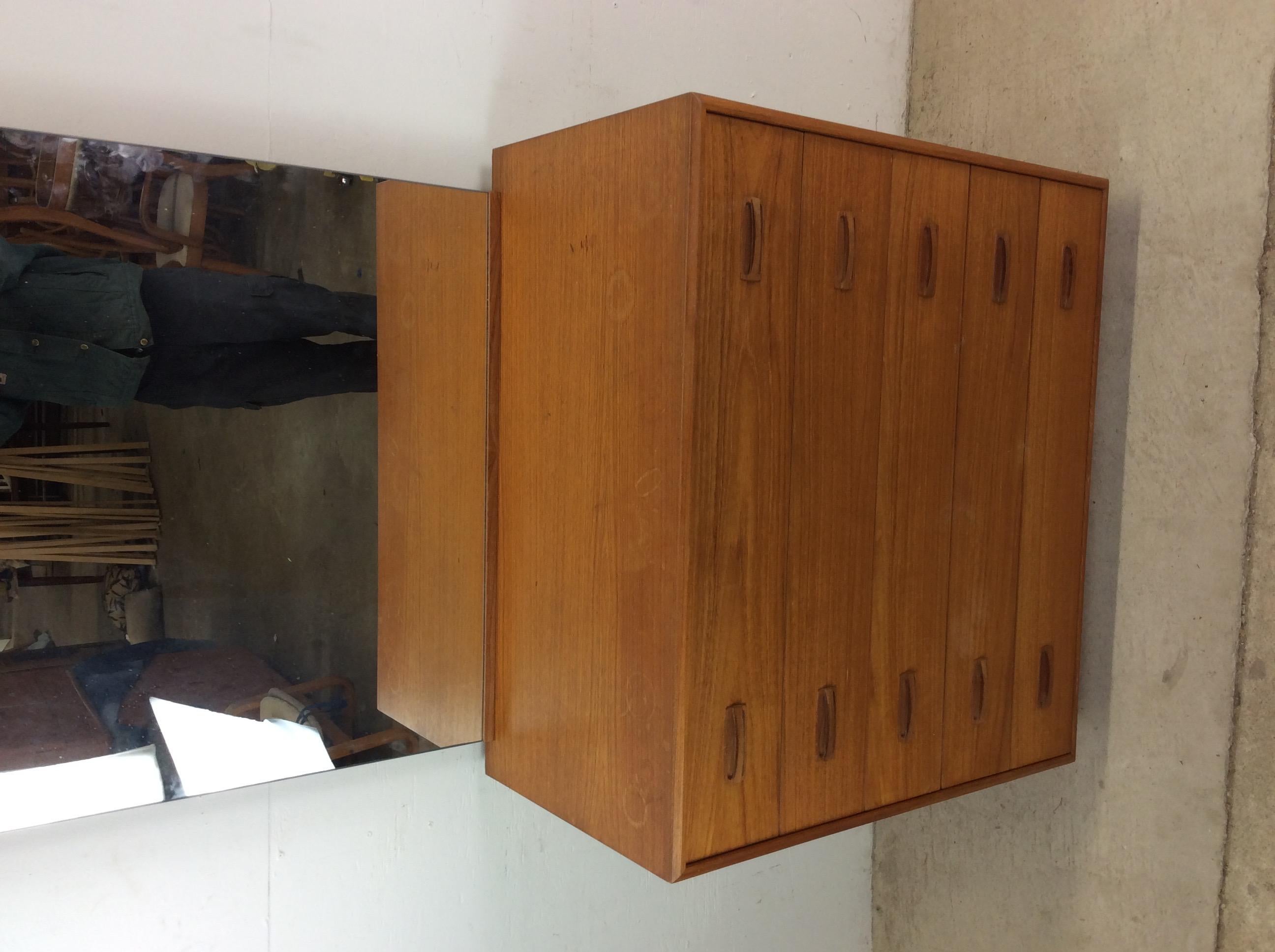 Impiallacciato Danish Modern Teak Highboy Dresser with Mounted Mirror in vendita