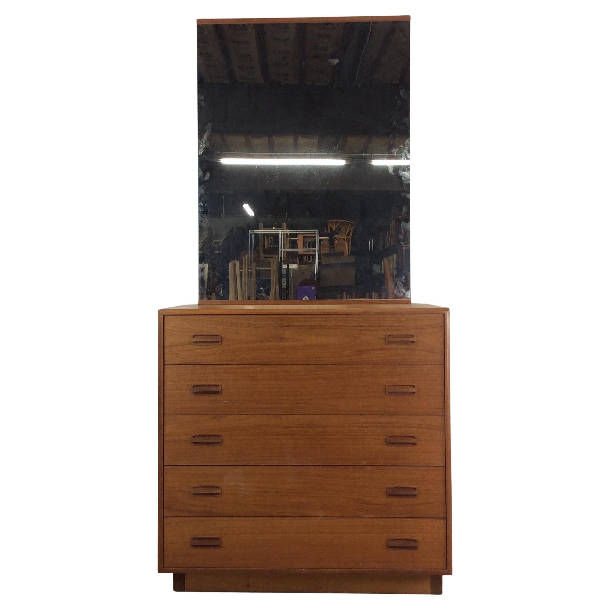 Danish Modern Teak Highboy Dresser with Mounted Mirror