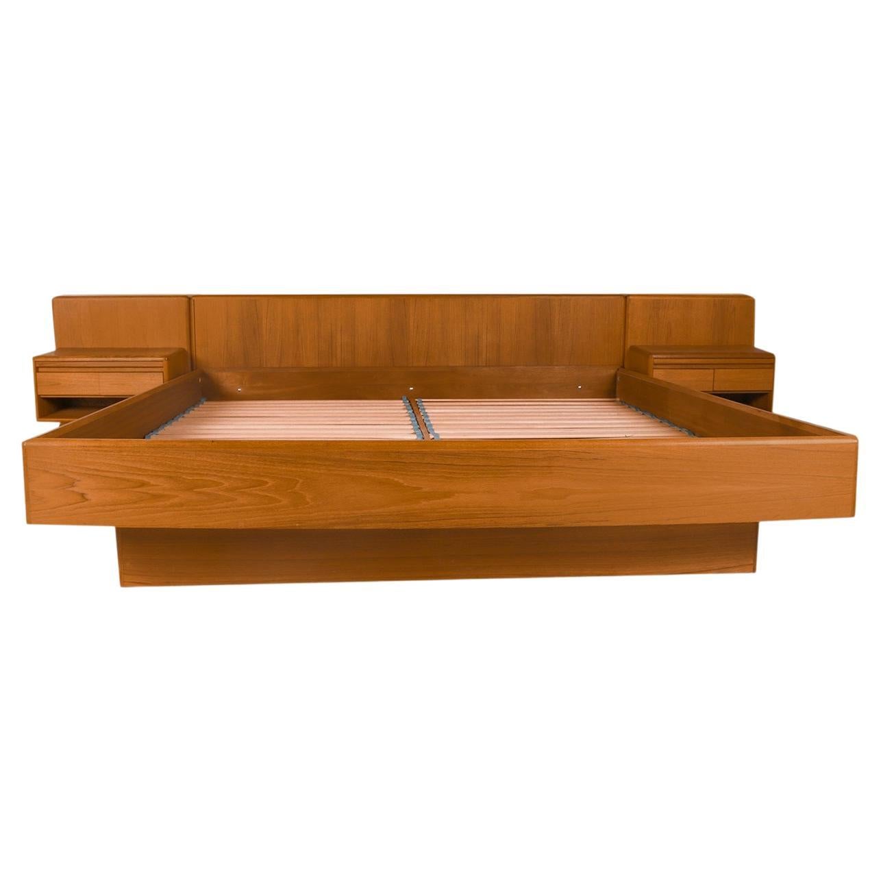 Danish Teak Queen Platform Bed with Built in Floating Nightstands at