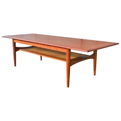 Danish Modern Teak Knife-Edge Minimalist Coffee Table with Woven Cane Shelf