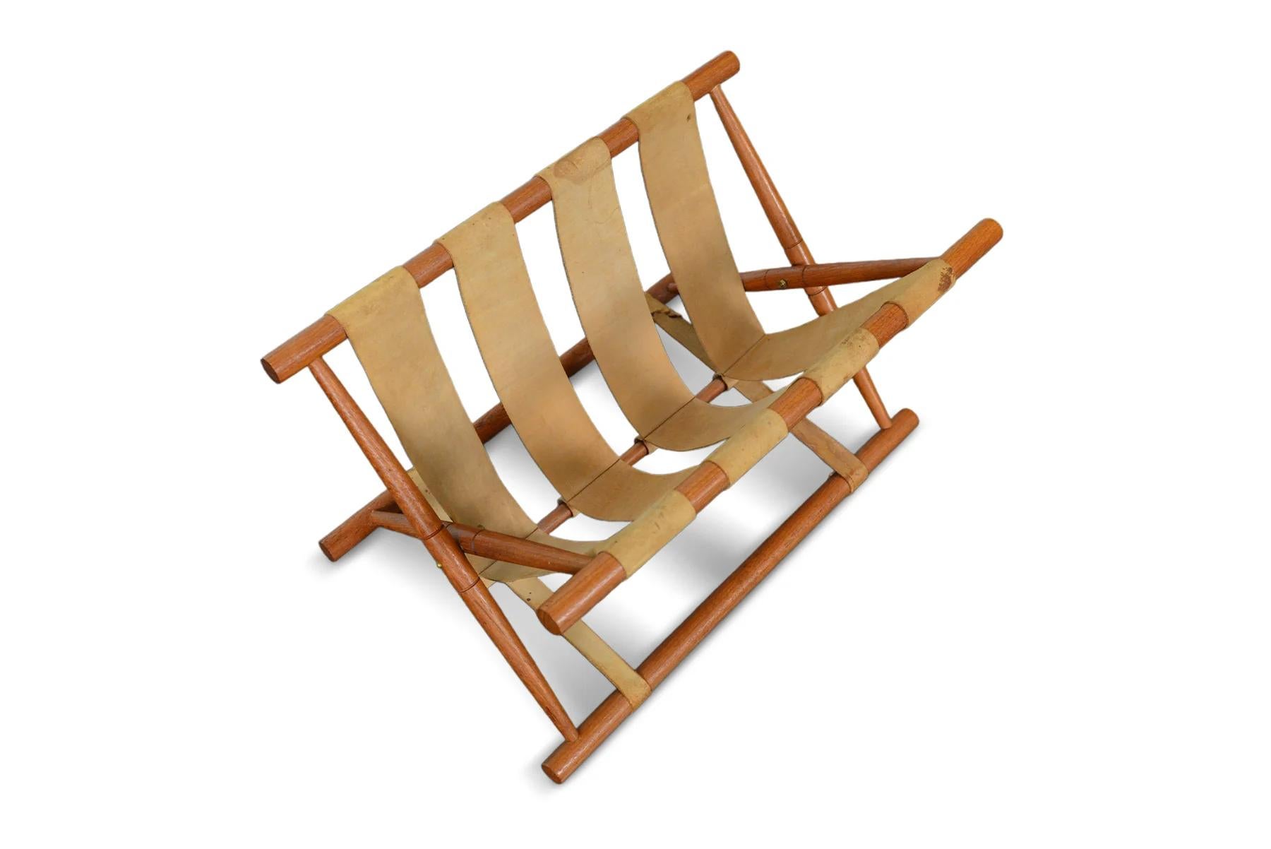 20th Century Danish Modern Teak + Leather Folding Magazine Rack For Sale