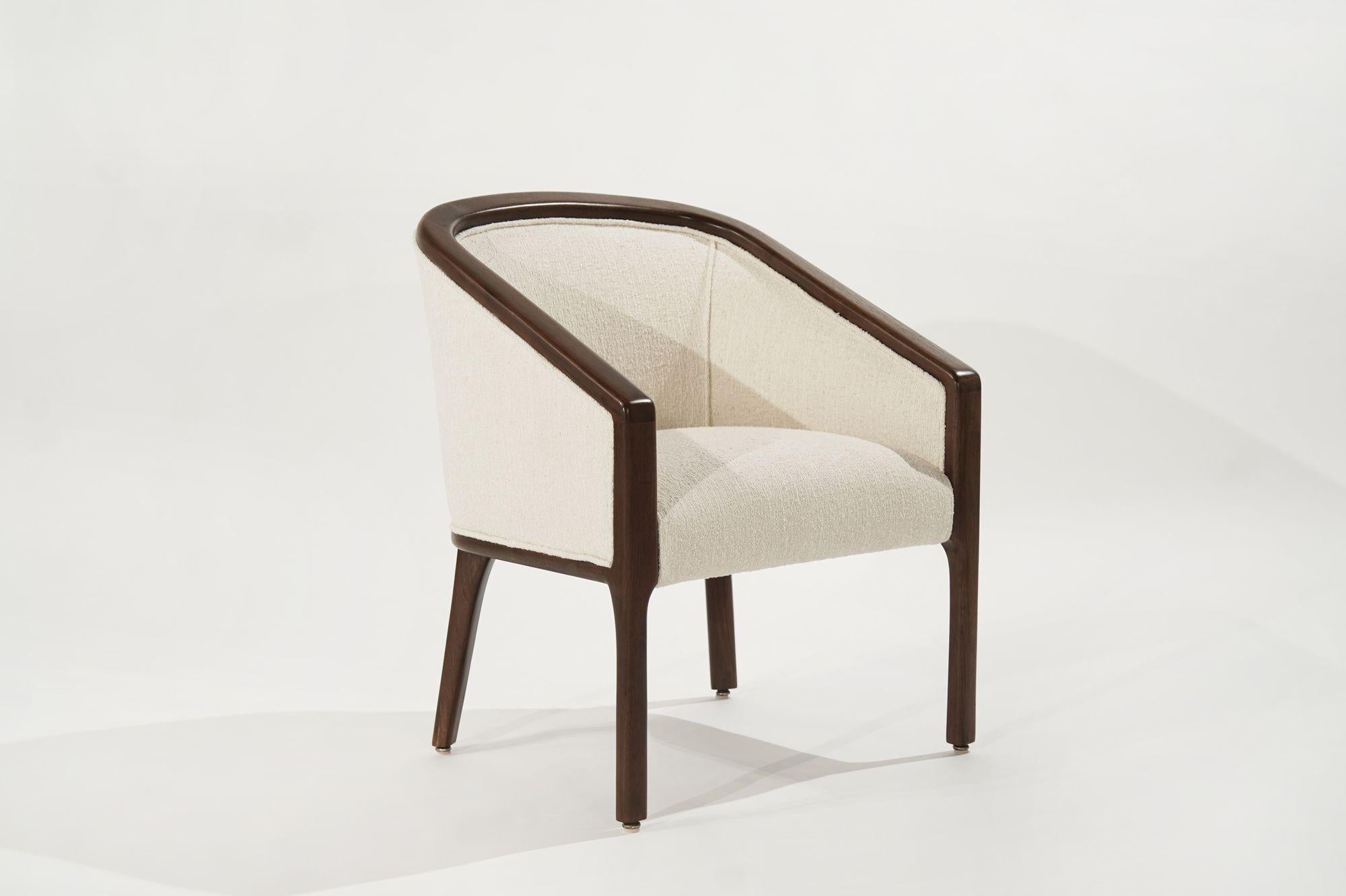 A beautiful lounge chair original from Denmark, circa 1960-1969. Features completely exposed teak framework reupholstered in off-white linen.
 
Other designers from this period include Paul McCobb, Vladimir Kagan, Hans Wegner, Gio Ponti, and T.H.