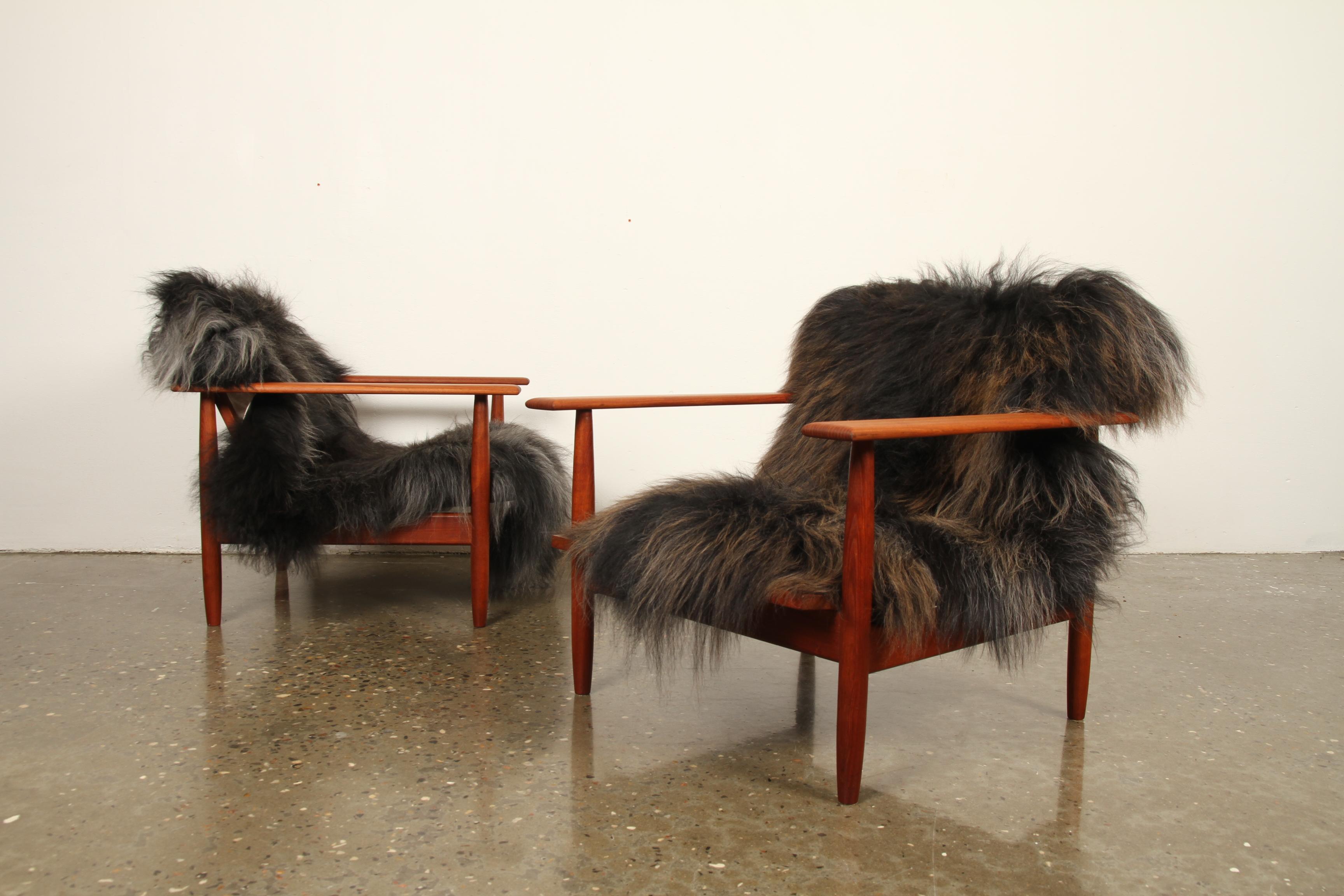 Sheepskin Danish Modern Teak Lounge Chairs, Set of 2