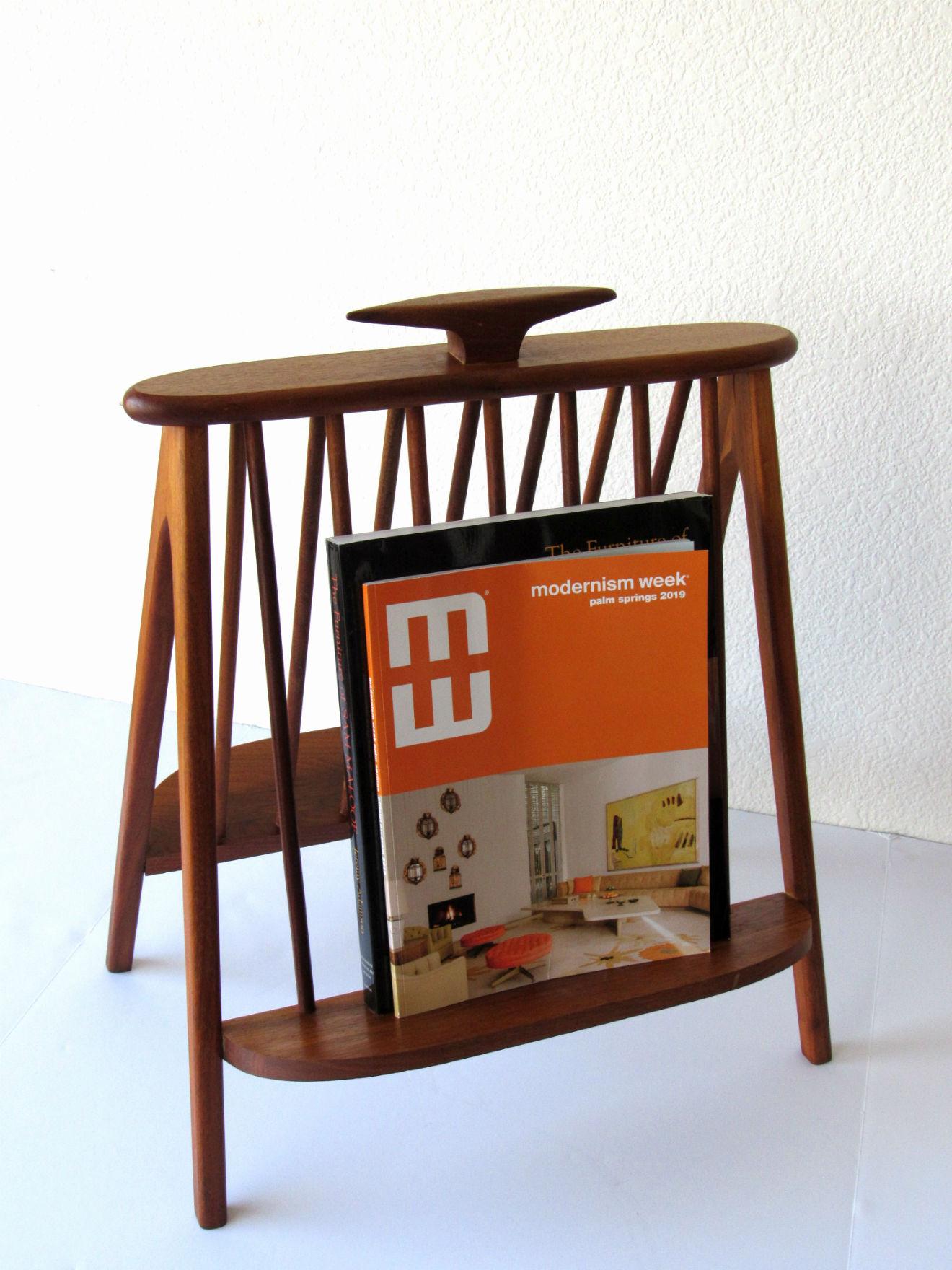 Arthur Umanoff Teak Magazine Rack or Record Holder, 1960s. Very fine magazine, record, or newspaper holder made of teak with carved oval handle. 
