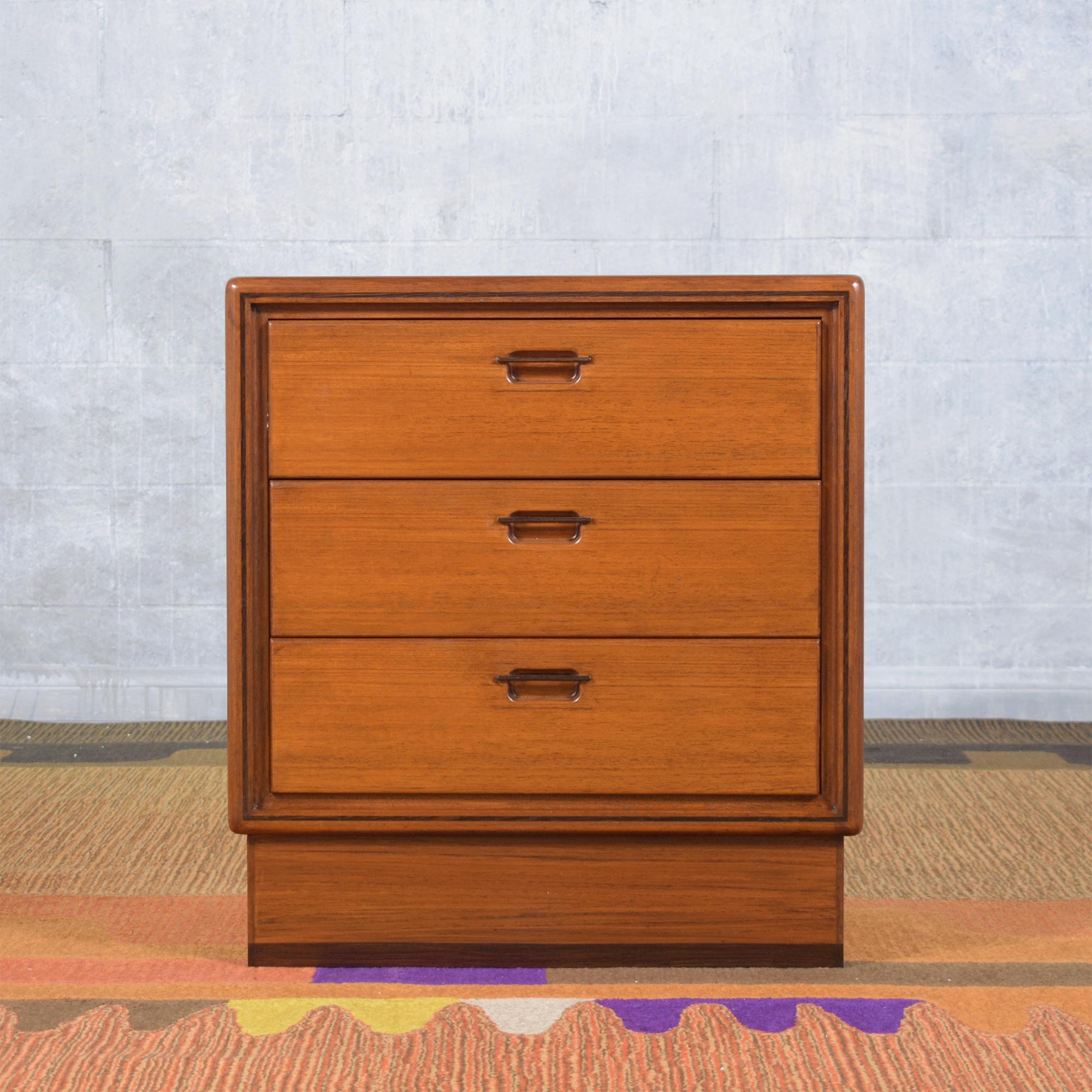 Restored 1960s Danish Modern Teak Nightstand with Brass Pulls & Floating Base In Good Condition In Los Angeles, CA