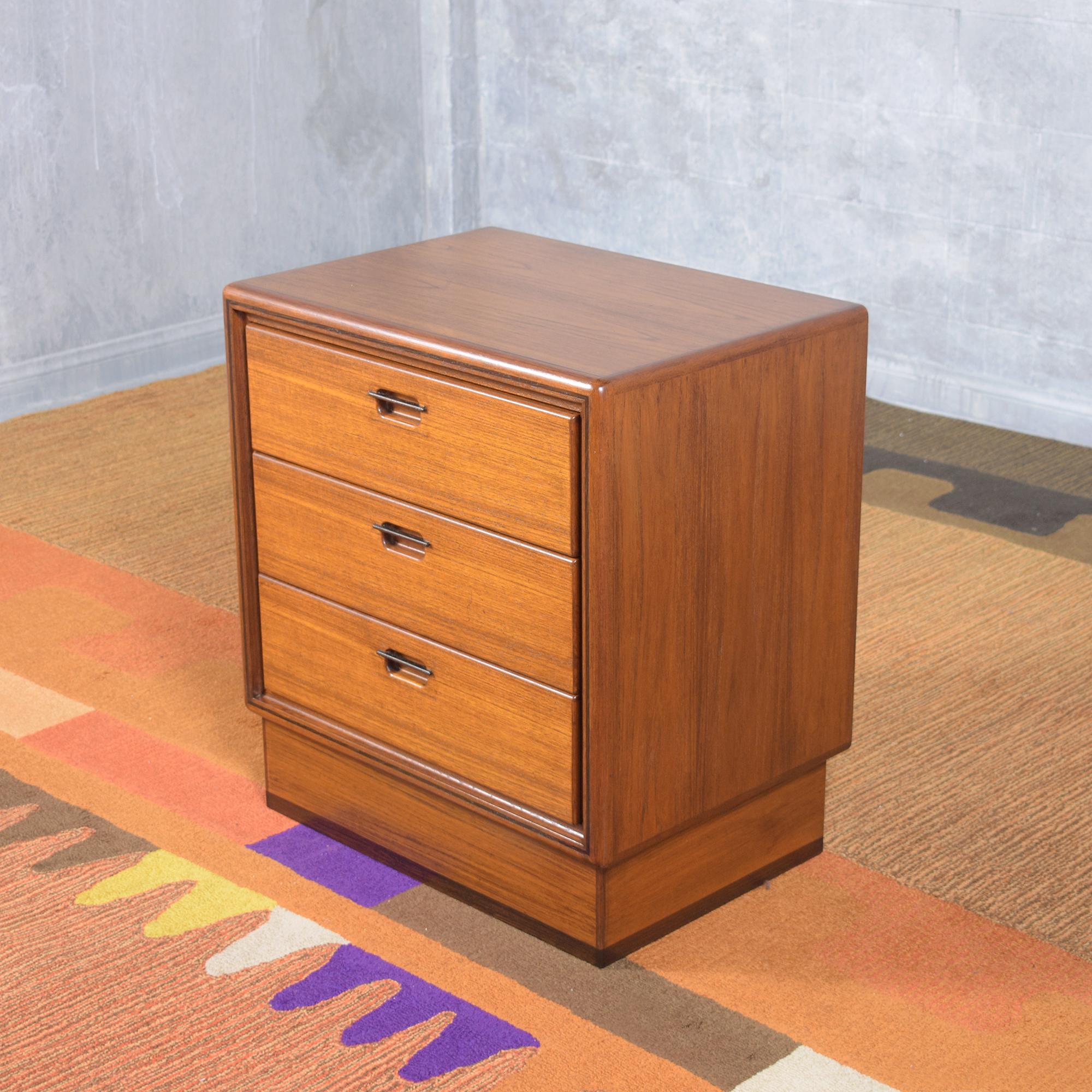 Lacquer Restored 1960s Danish Modern Teak Nightstand with Brass Pulls & Floating Base