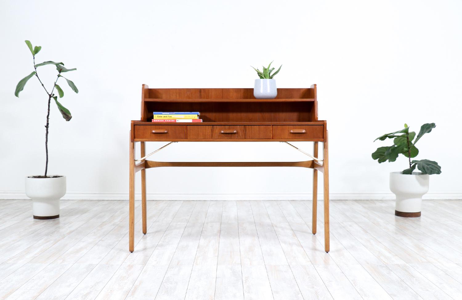 Danish Johannes Andersen Teak & Oak Two-Tier Desk with Brass Accents for Møbelfabrik F. For Sale
