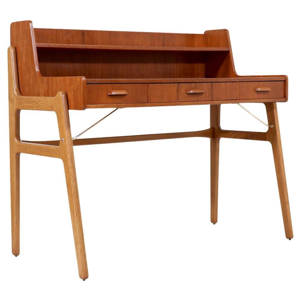Johannes Andersen Teak & Oak Two-Tier Desk with Brass Accents for Møbelfabrik F. For Sale