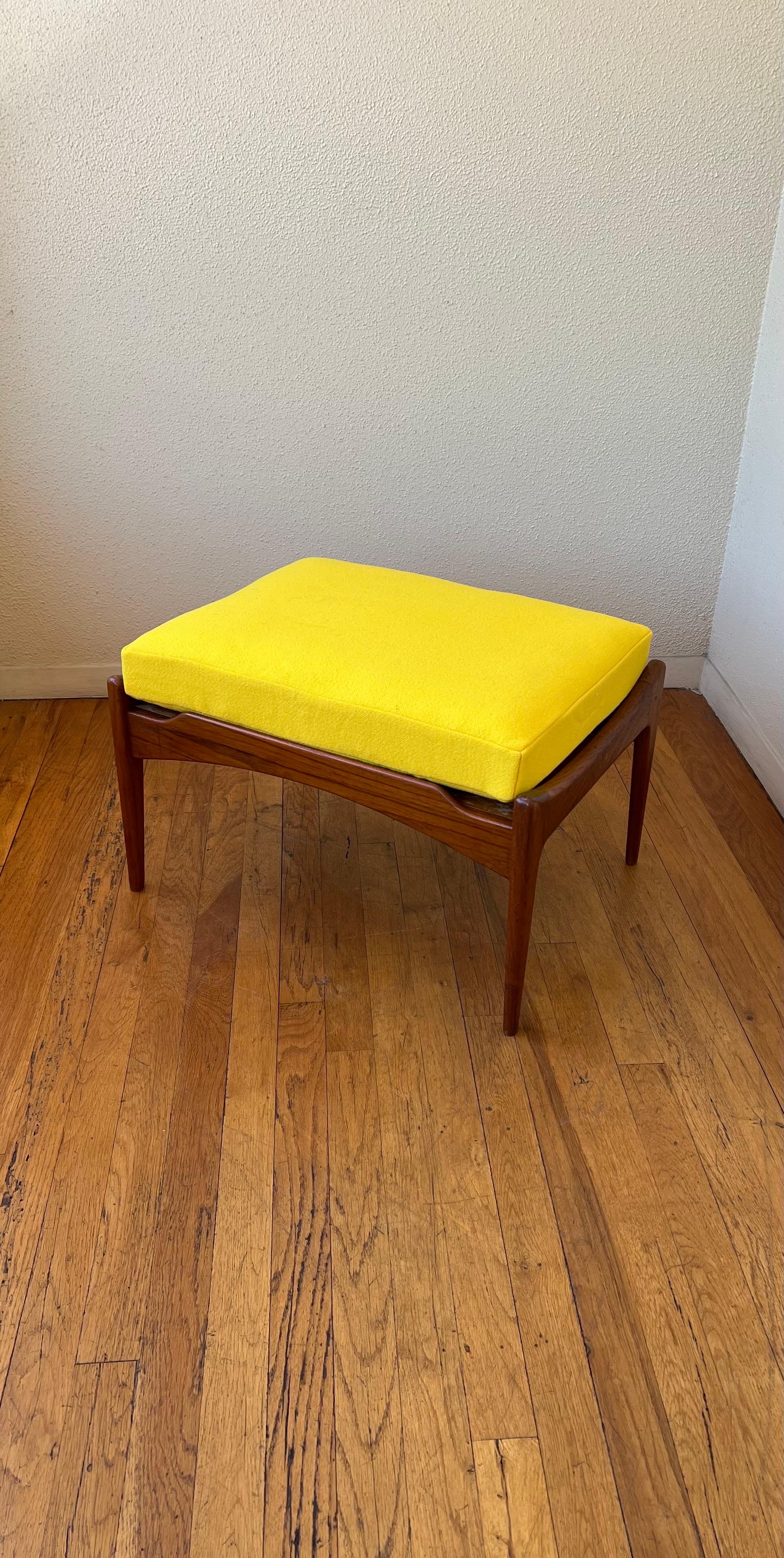 Rare solid teak ottoman designed by Kofod Larsen for Selig we have cleaned and oiled the base put new straps and new fabric by, Maharam its missing the medallion tag as shown on the picture.