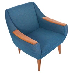 Fauteuil de salon moderne danois en teck plié et laine bleue, mi-siècle moderne