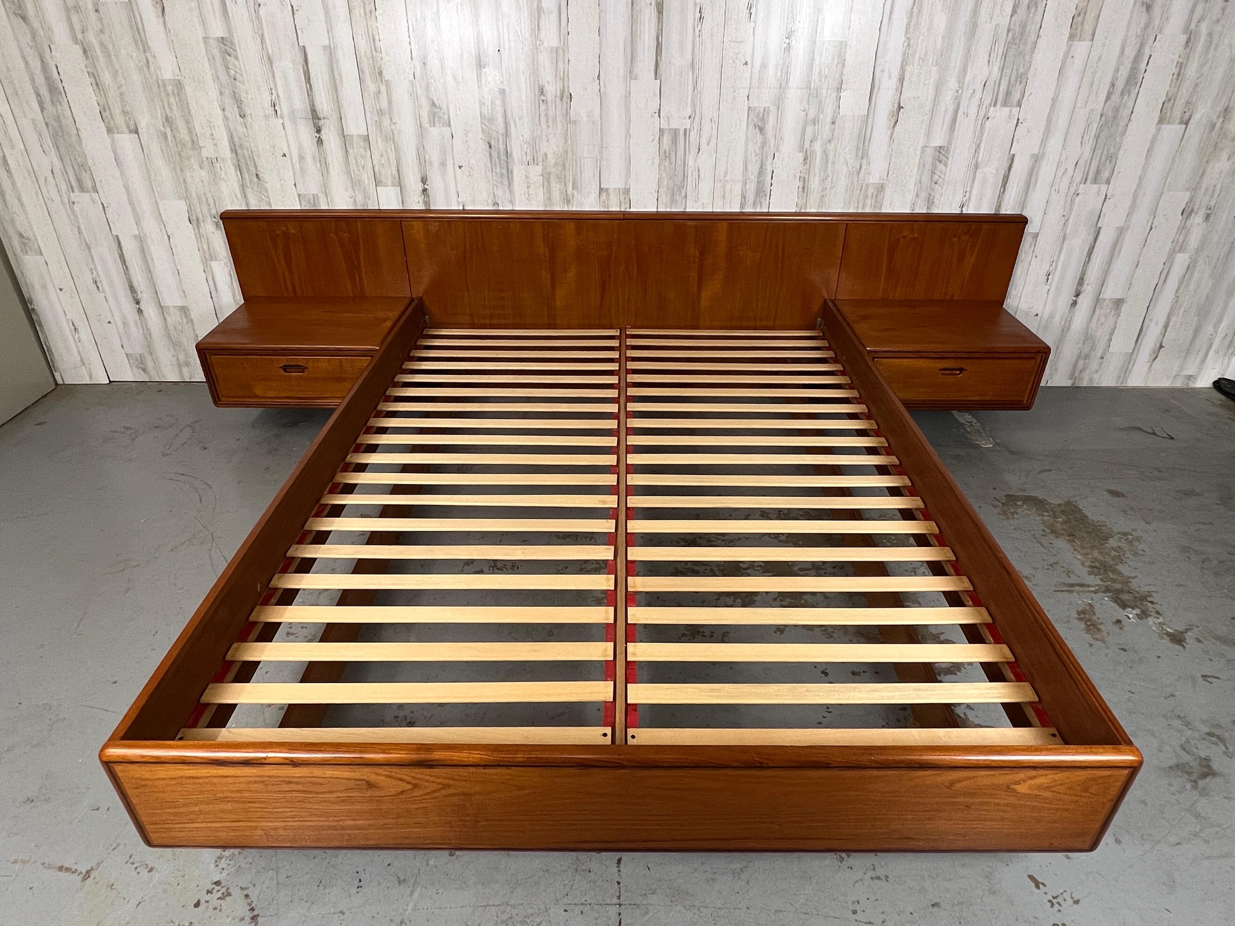 Danish Modern Teak Platform Floating Bed and Nightstands, Queen Sized 2