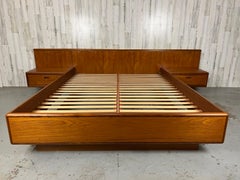 Danish Modern Teak Platform Floating Bed and Nightstands, Queen Sized