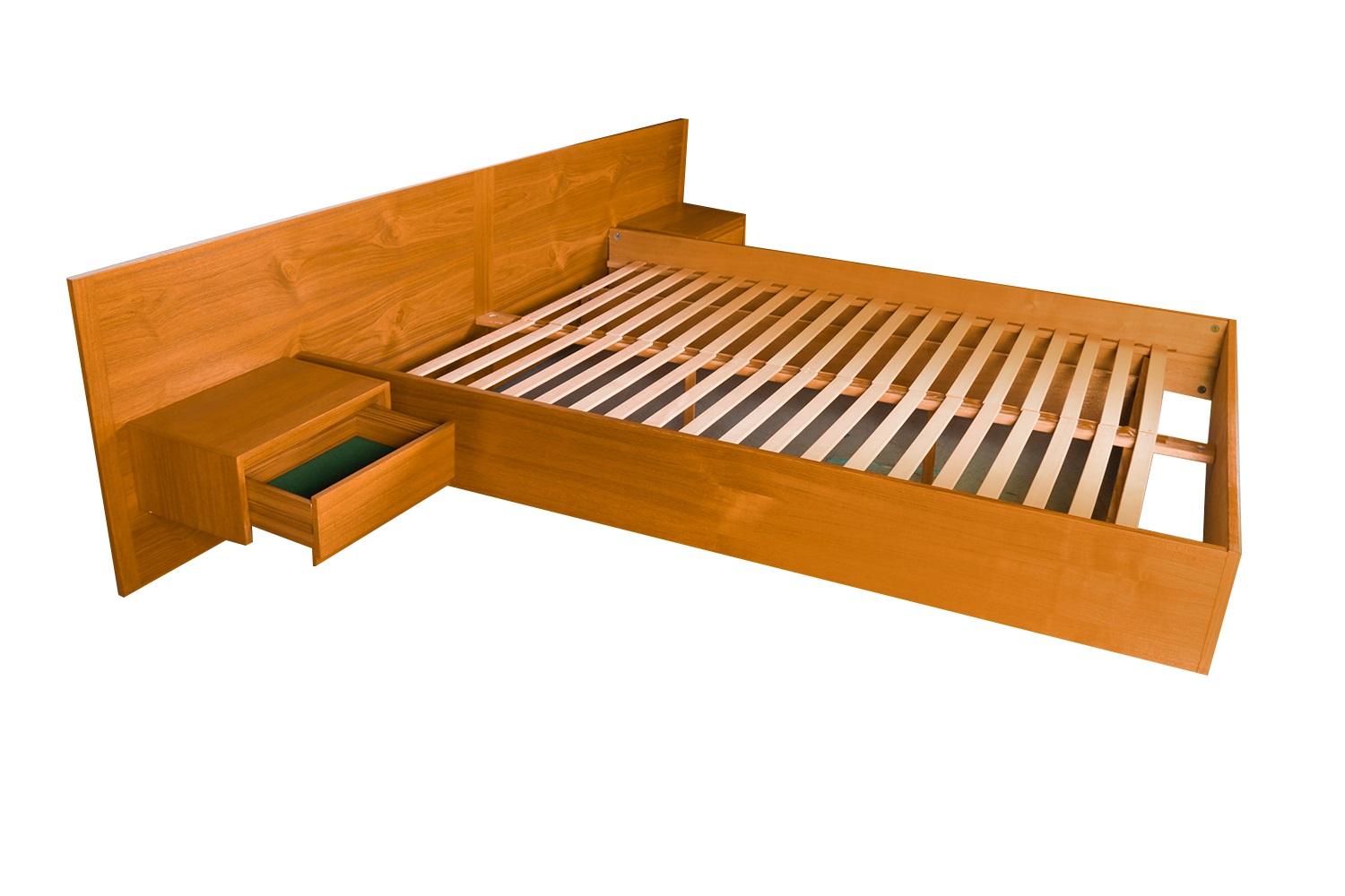 A remarkable Danish teak, mid-century Queen platform bed with floating nightstands. Exceptional construction and style. Featuring a stunning headboard with hanging, floating, nightstands, both with a wide surface area for placement of articles, such