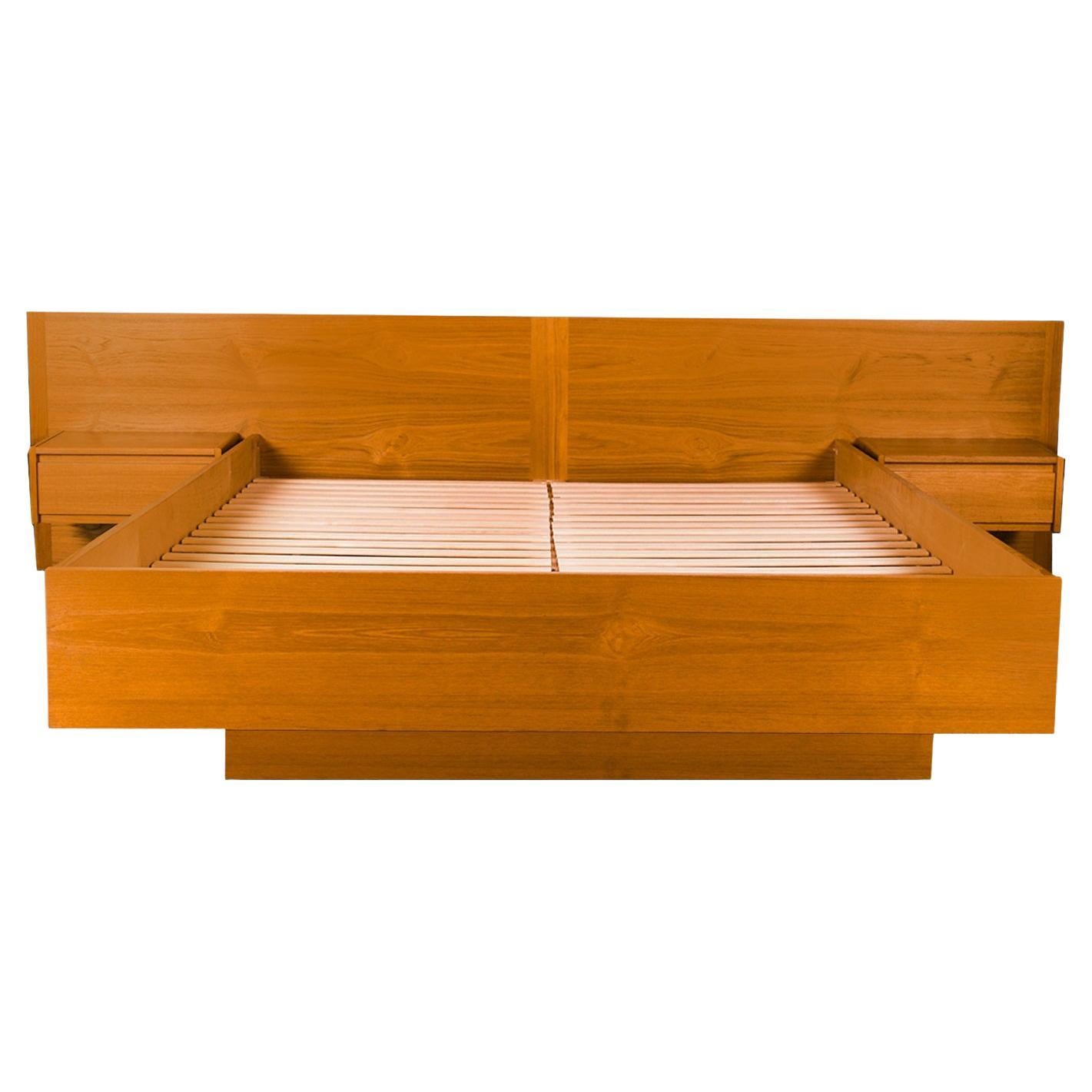 Danish Modern Teak Queen Platform Bed with Floating Nightstands