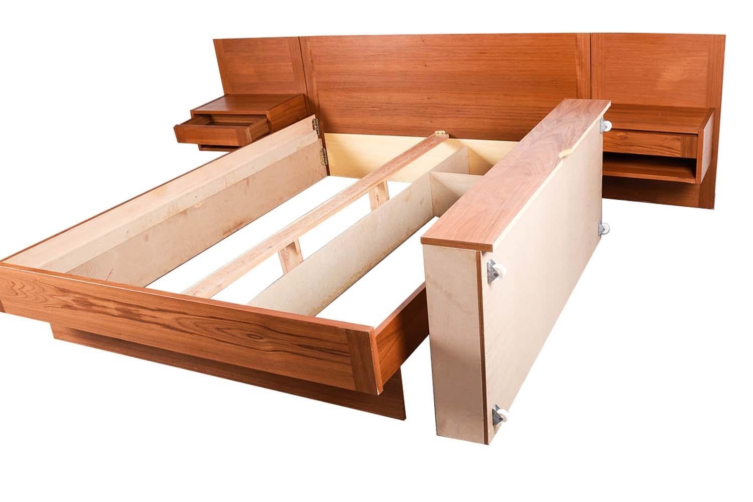 Danish Modern Teak Queen Platform Storage Bed with Floating Nightstands 5