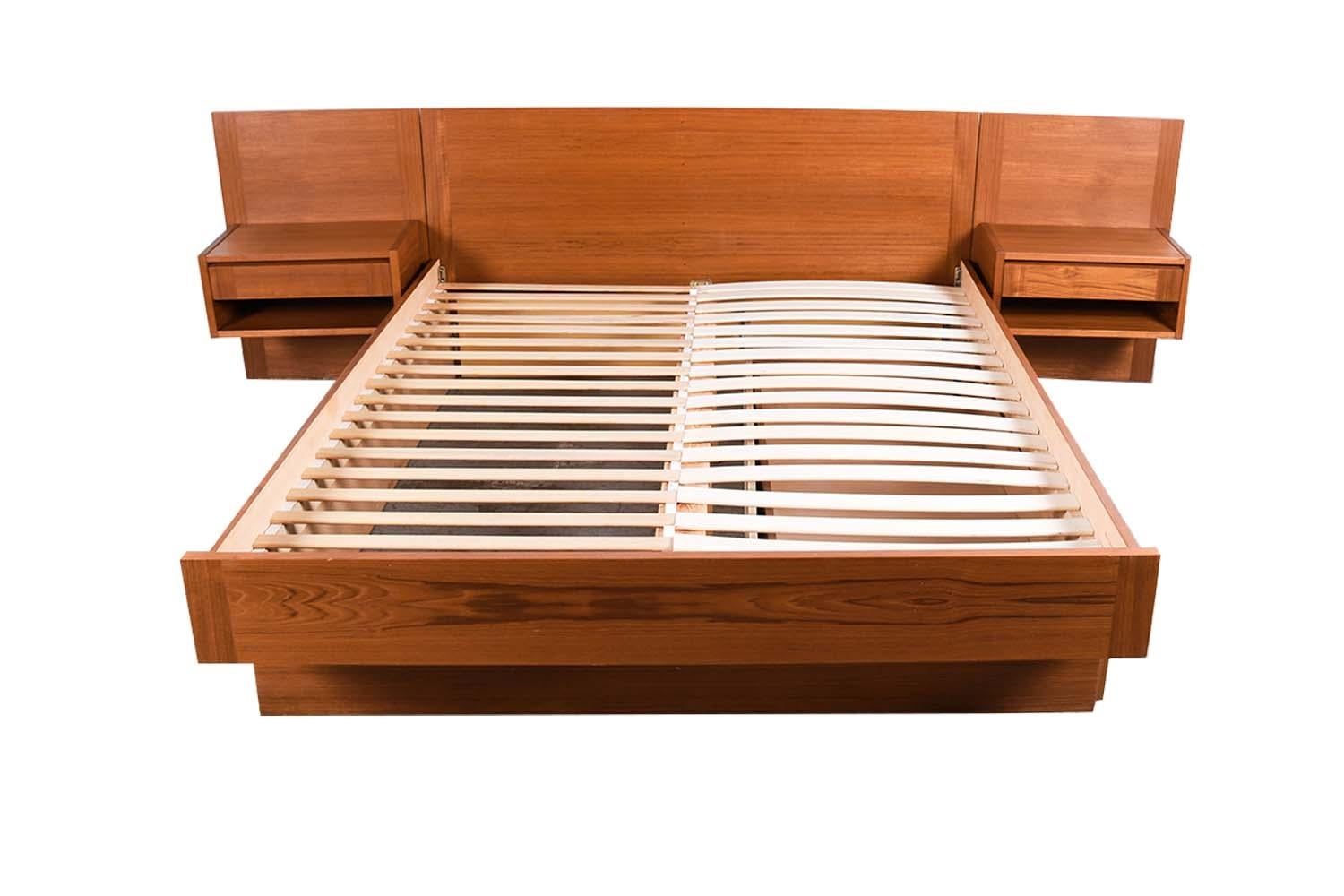 teak platform bed with floating nightstands