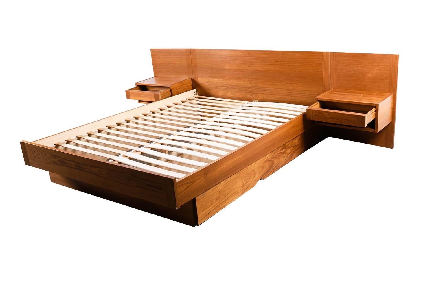 mid century bed with floating nightstands