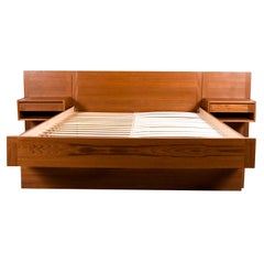 Danish Modern Teak Queen Platform Storage Bed with Floating Nightstands