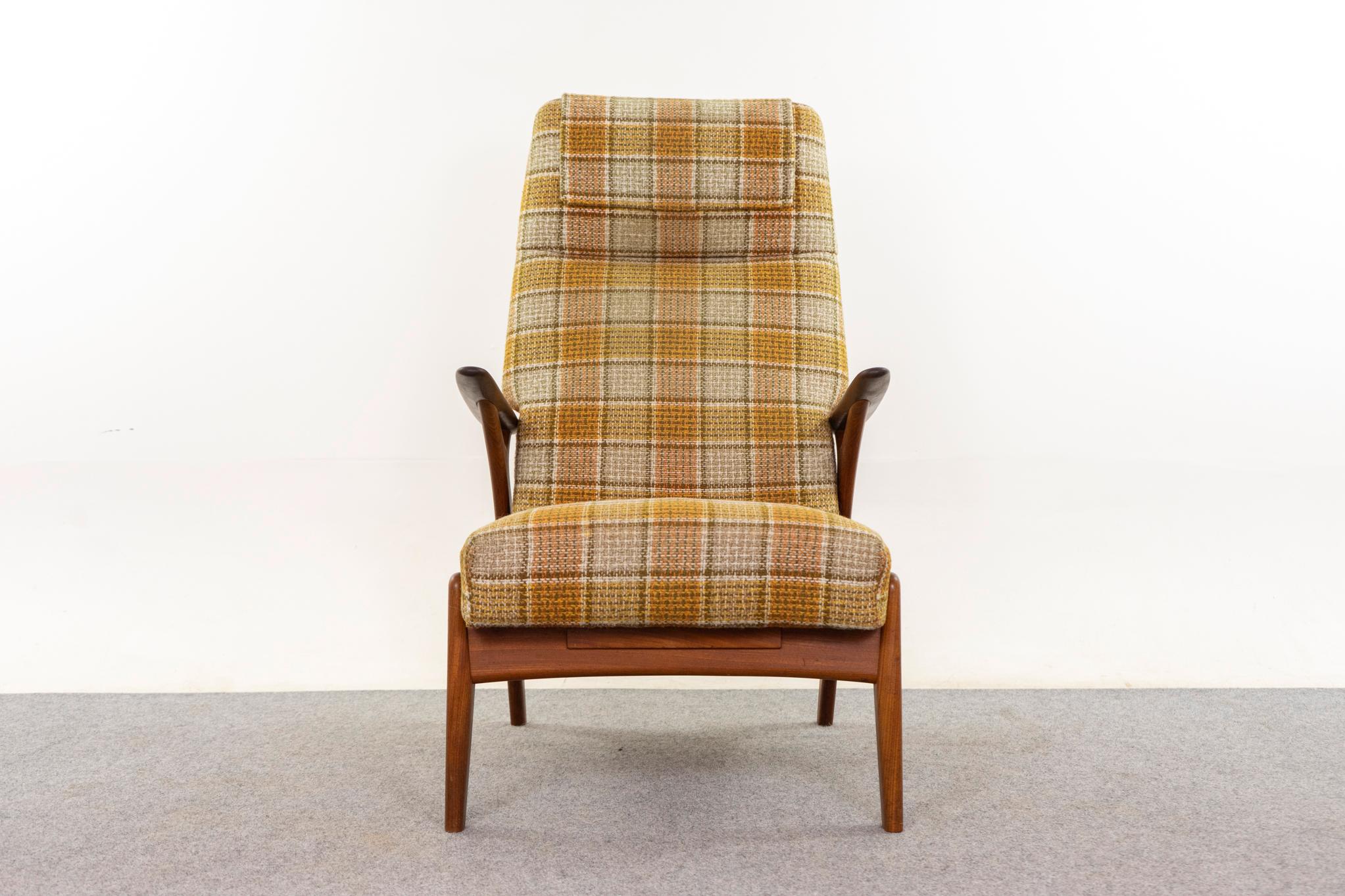 Teak Danish recliner by Christian Sorensen for Gorm Mobler, circa 1960s. Stunning silhouette and deep-toned, robust teak frame. High back provides excellent neck support and a very comfortable seat! Self-storing pull-out footrest, too, ah! Original