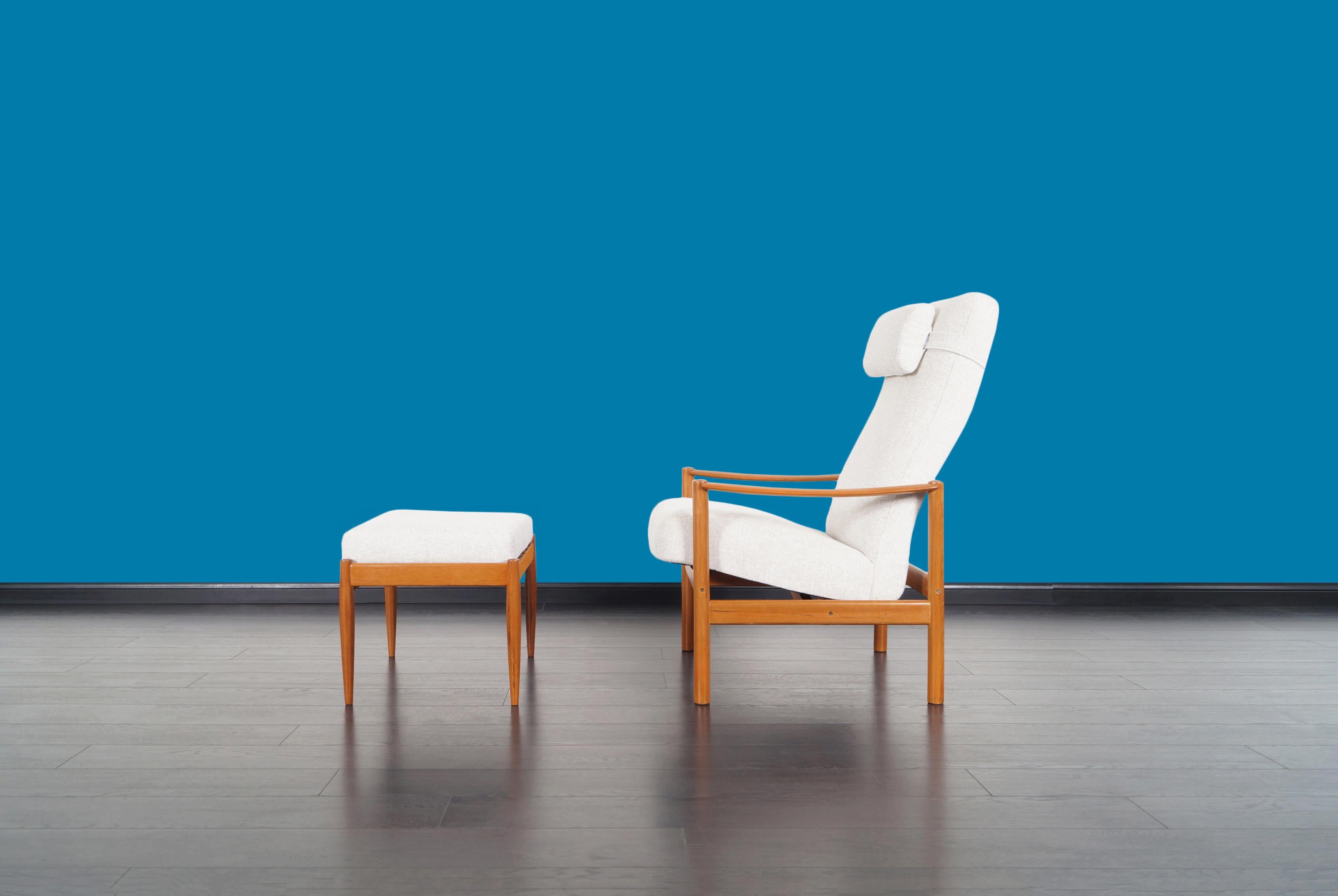Mid-Century Modern Danish Modern Teak Reclining Lounge Chair and Ottoman For Sale
