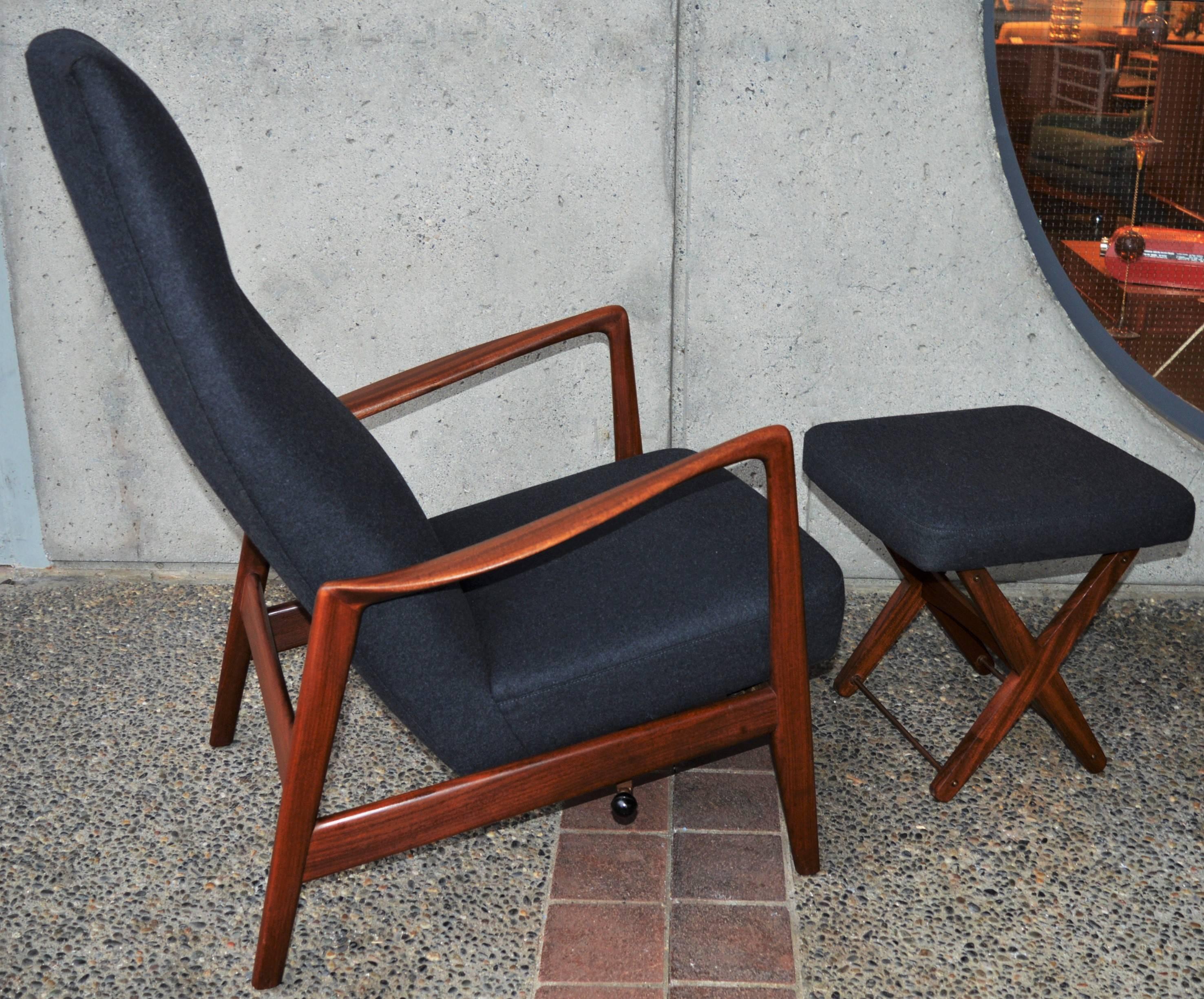 Norwegian Danish Modern Teak Rocking Chair / Recliner and Ottoman, Charcoal Wool, Norway