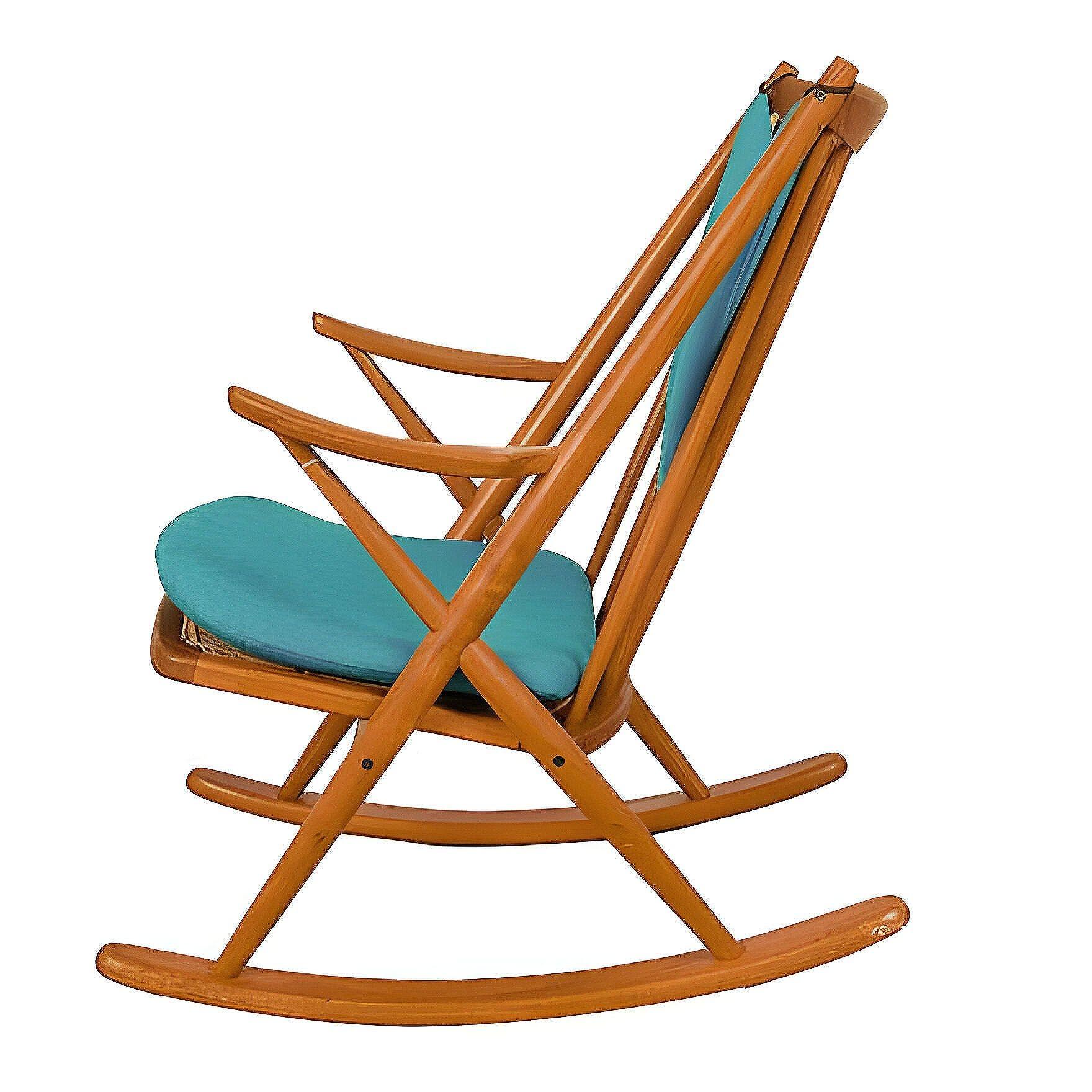 Pelle Sedia a dondolo moderna danese in teak con seduta in pelle di Frank Reenskaug in vendita