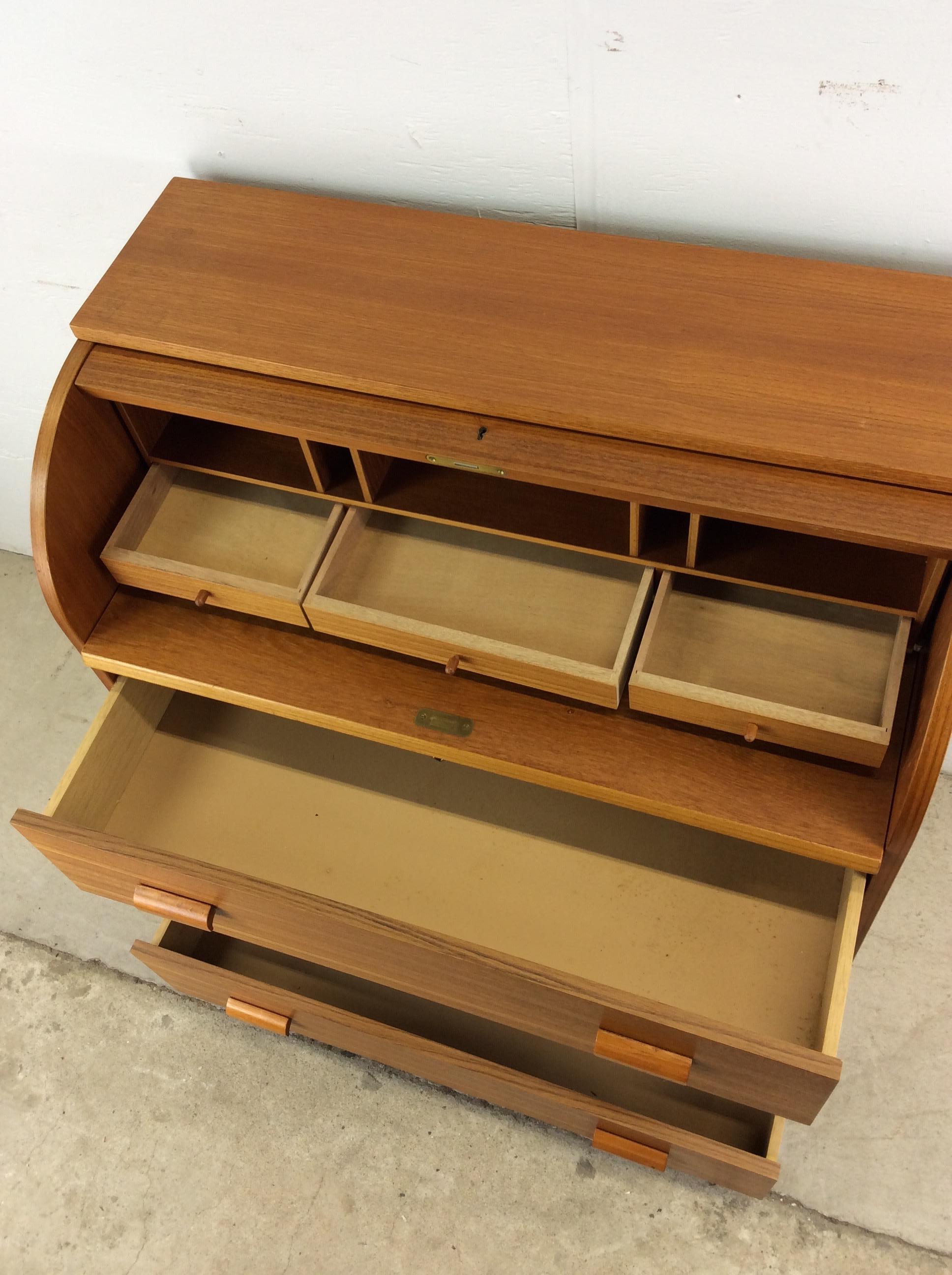 Danish Modern Teak Roll Top Writing Desk with 3 Drawers 10