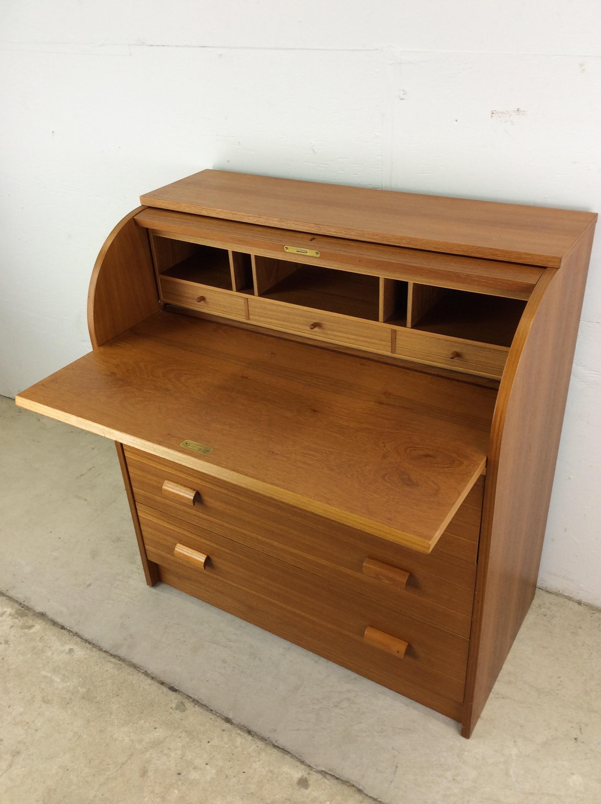 Danish Modern Teak Roll Top Writing Desk with 3 Drawers 11