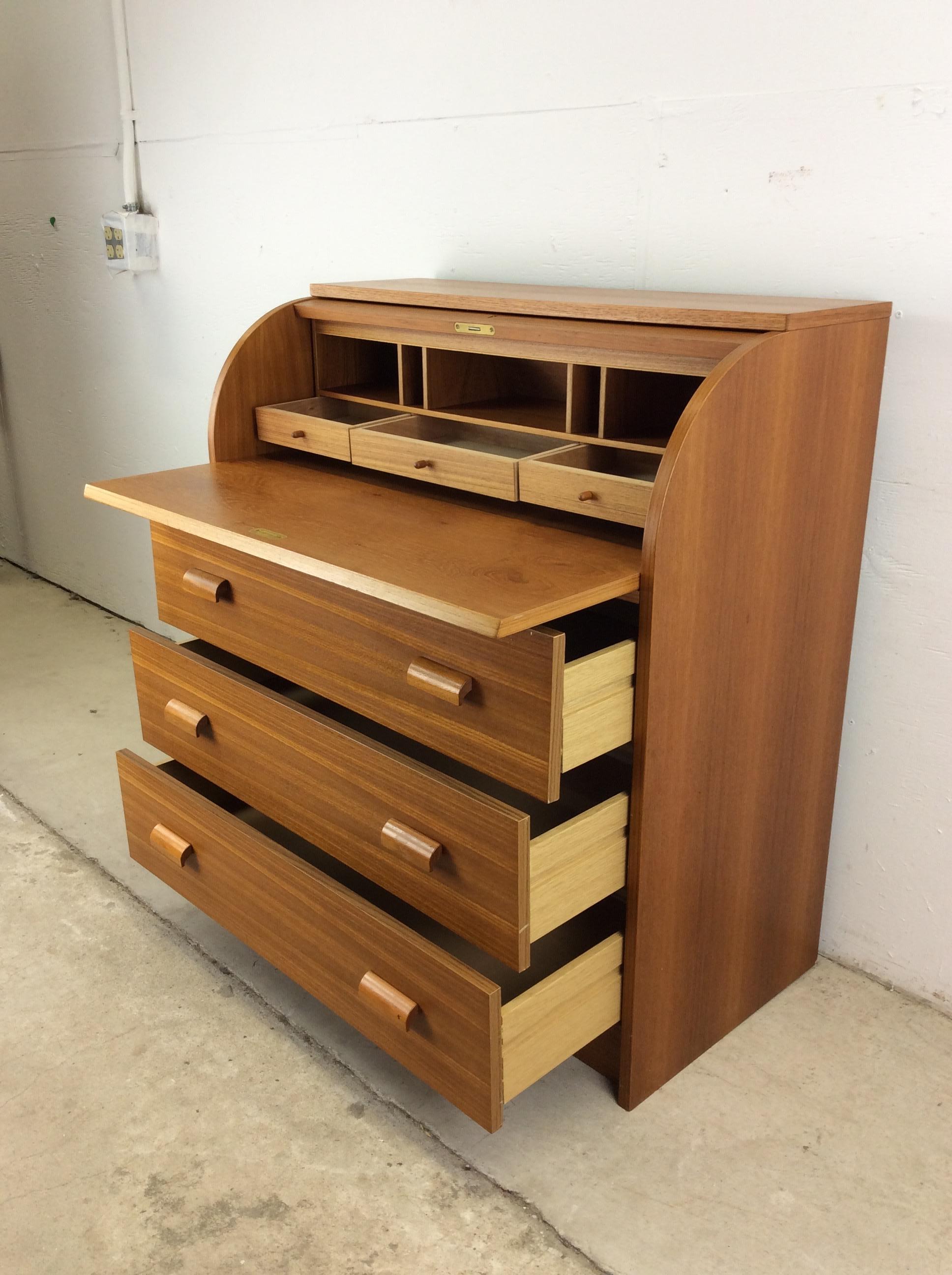 Danish Modern Teak Roll Top Writing Desk with 3 Drawers 14