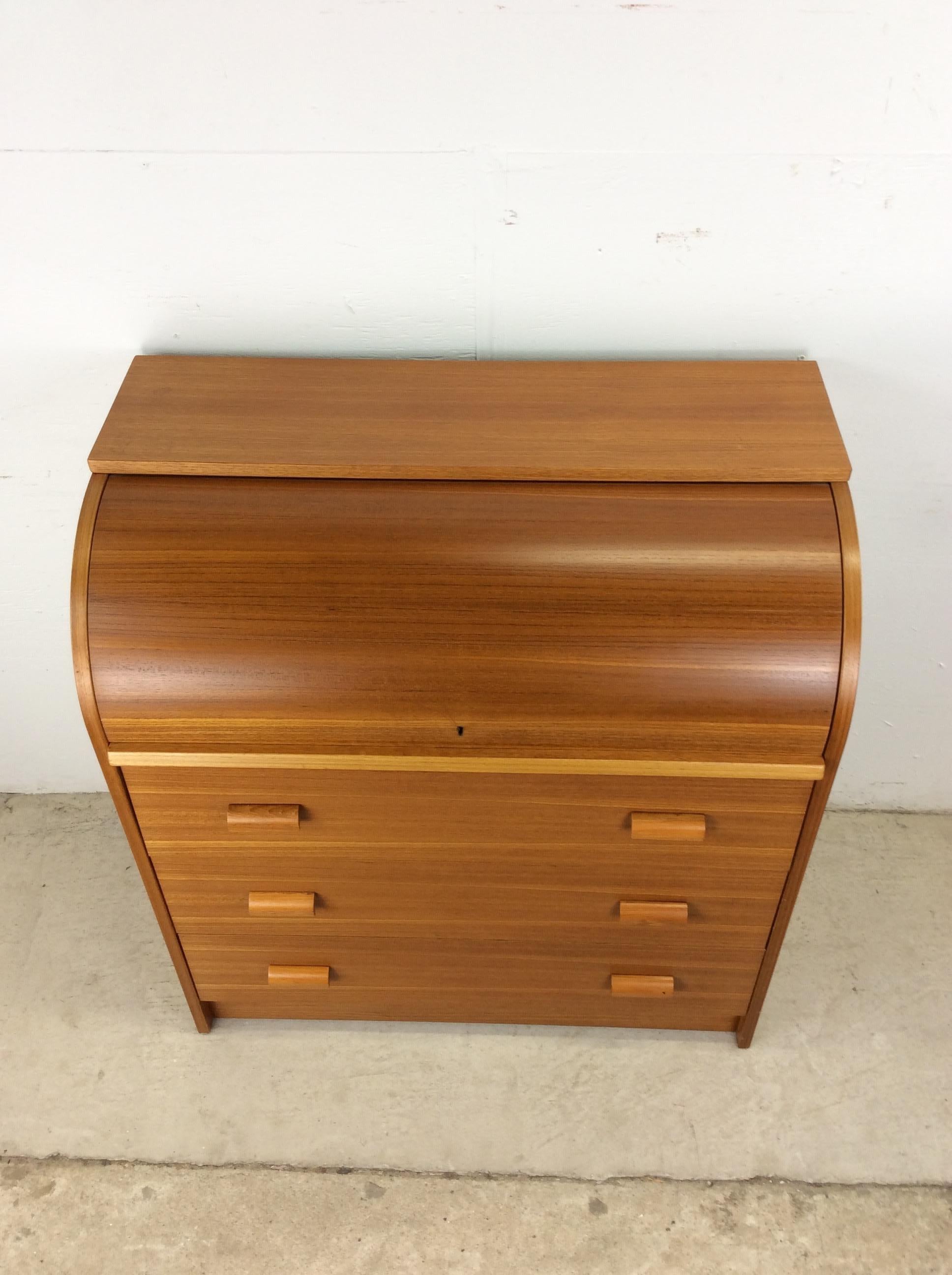 Veneer Danish Modern Teak Roll Top Writing Desk with 3 Drawers
