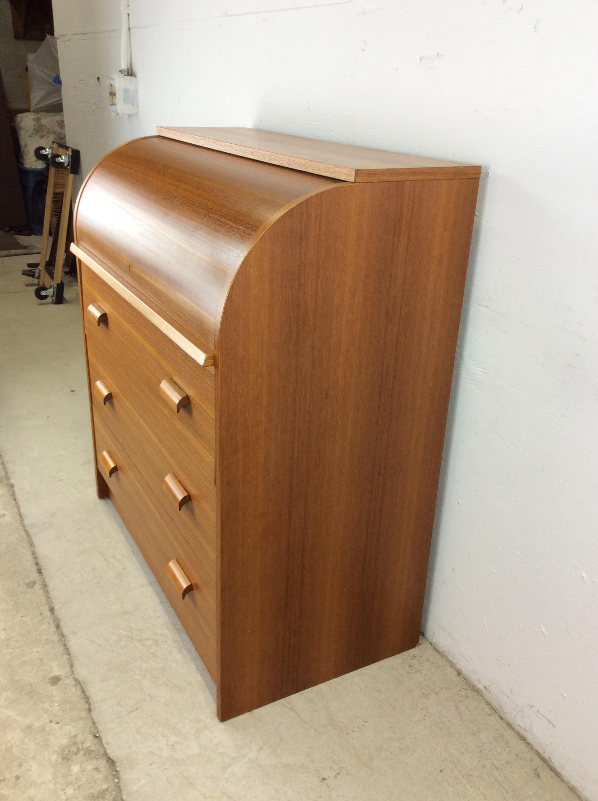 Danish Modern Teak Roll Top Writing Desk with 3 Drawers 3