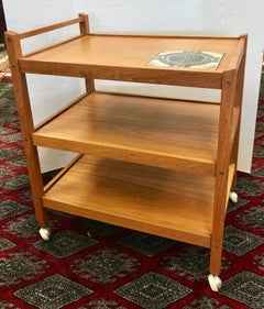 Danish Modern Teak Rolling Bar Cart Tea Trolley Cart Caddy with Tile Insert Top