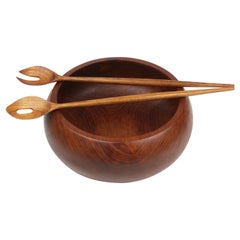 Danish Modern Teak Salad Bowl and Serving Utensils