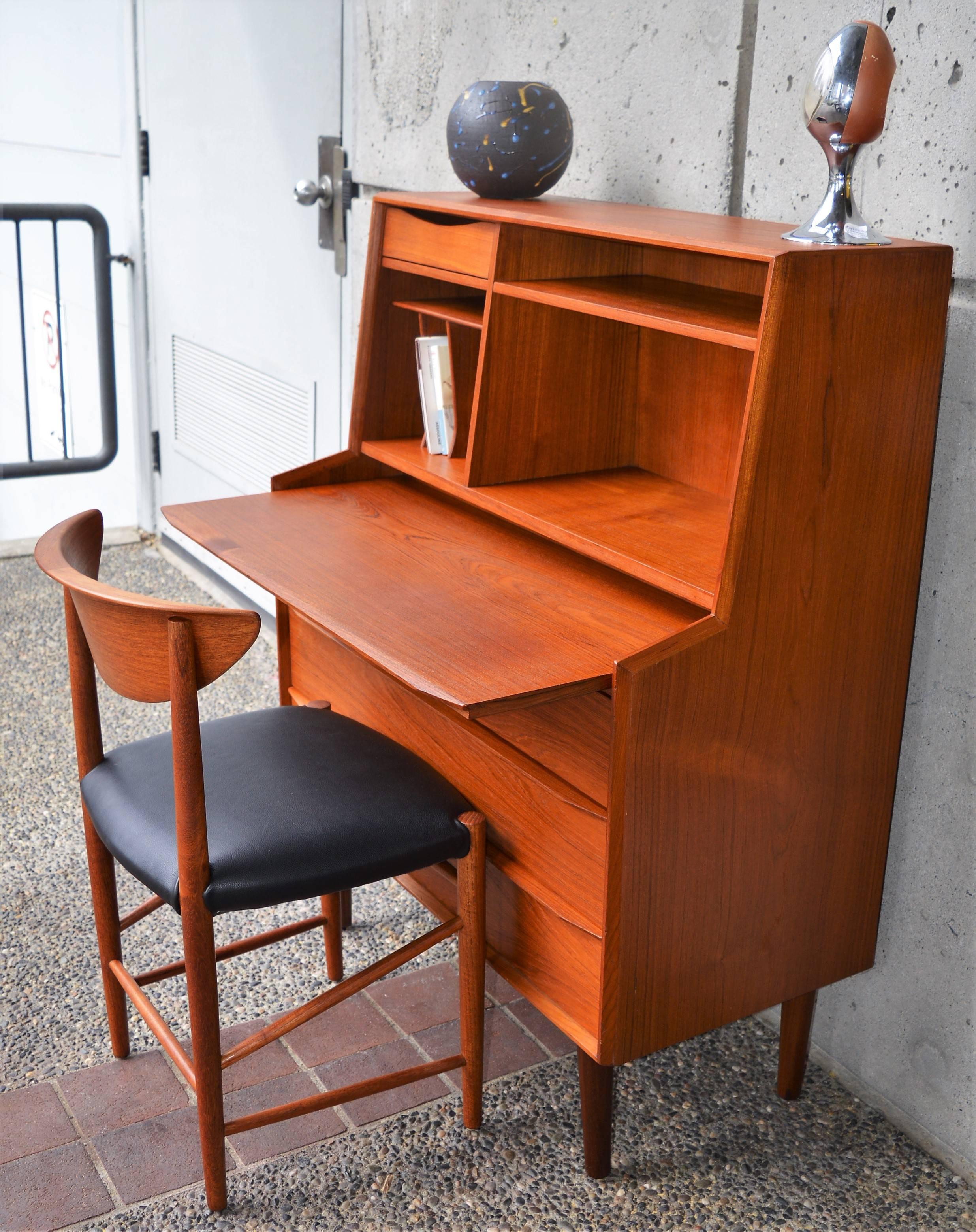 Scandinavian Danish Modern Teak Secretary Dresser with Pigeon Hole Storage & Pull Out Desktop