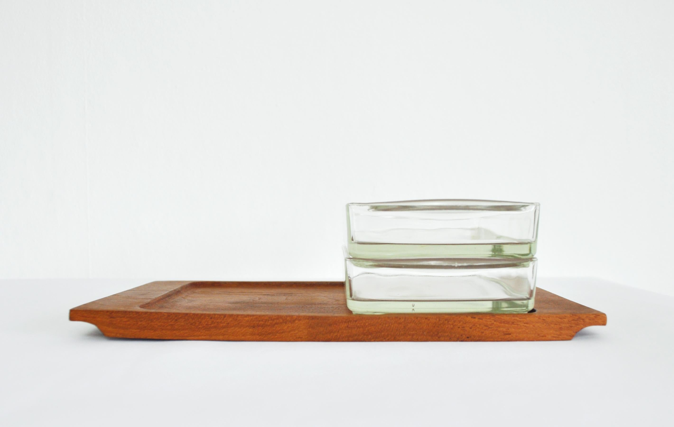 20th Century Danish Modern Teak Serving Tray with Glass Bowls by Wiggers, Denmark, 1960s