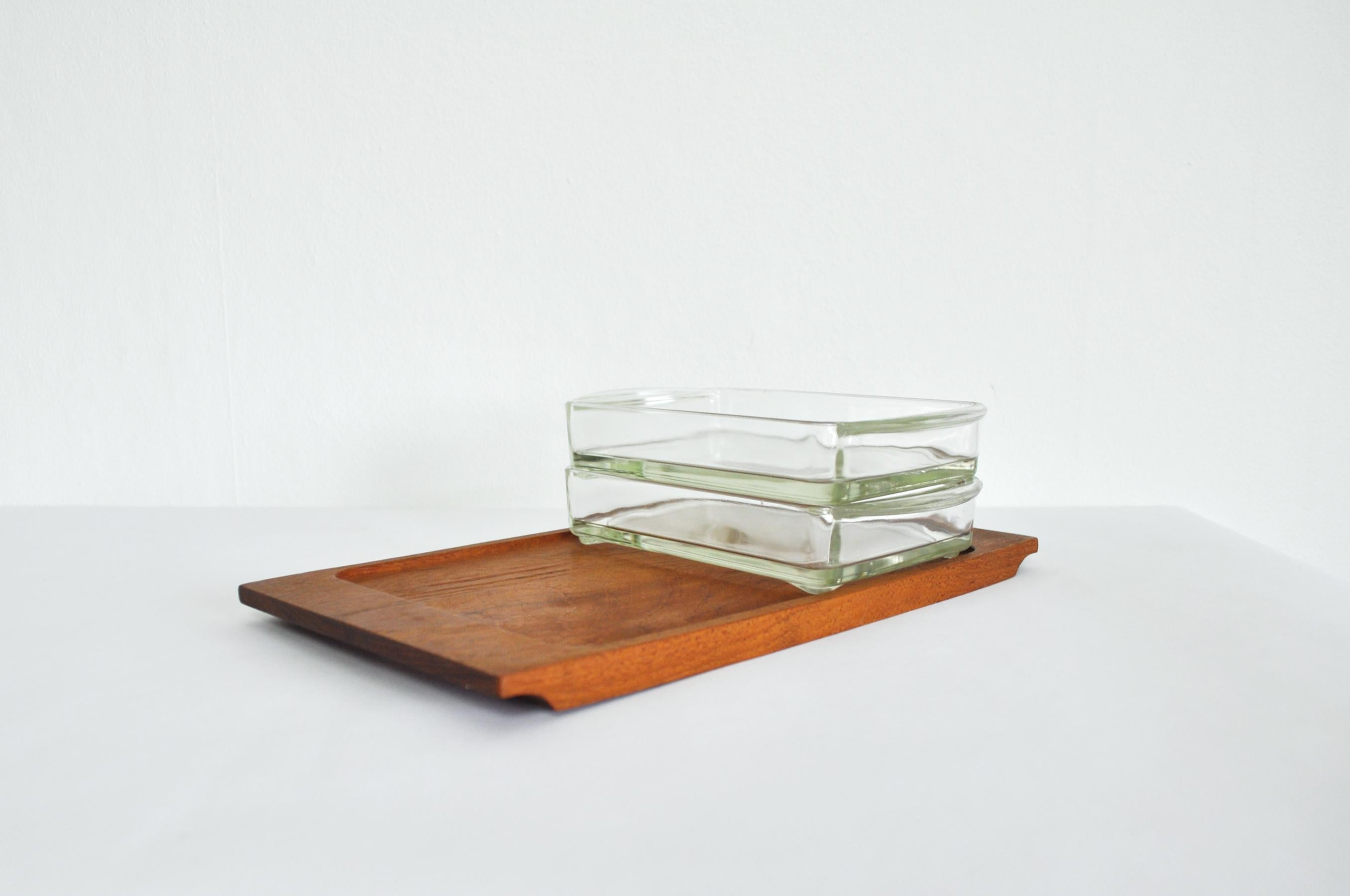 Danish Modern Teak Serving Tray with Glass Bowls by Wiggers, Denmark, 1960s 1