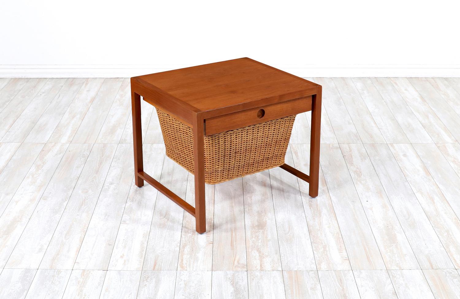 Danish Modern teak sewing side table with wicker basket.