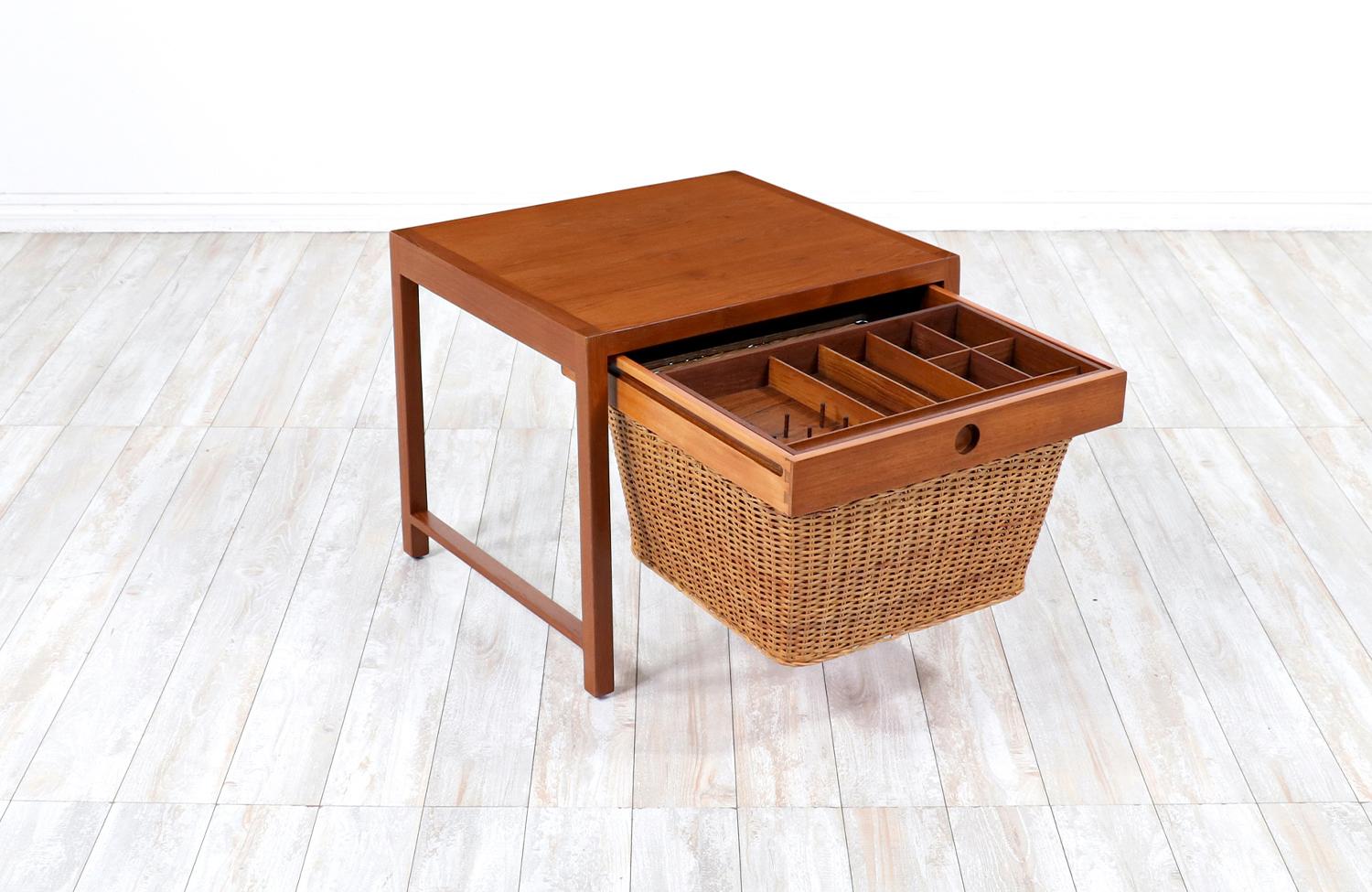 Mid-Century Modern Danish Modern Teak Sewing Side Table with Wicker Basket