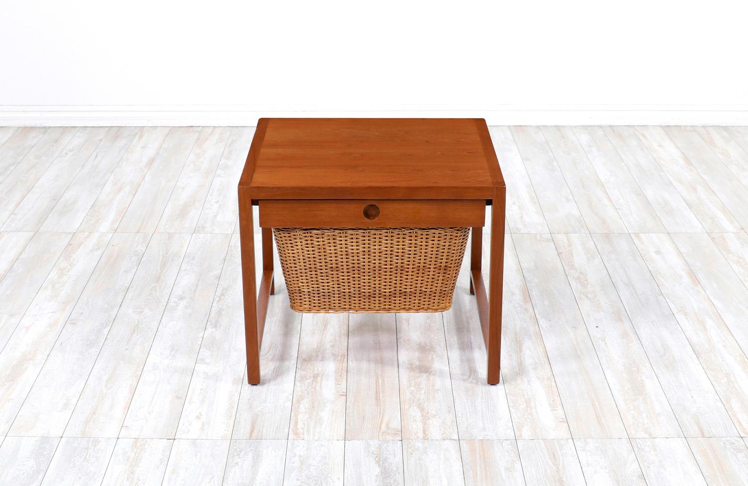 Danish Modern Teak Sewing Side Table with Wicker Basket In Excellent Condition In Los Angeles, CA