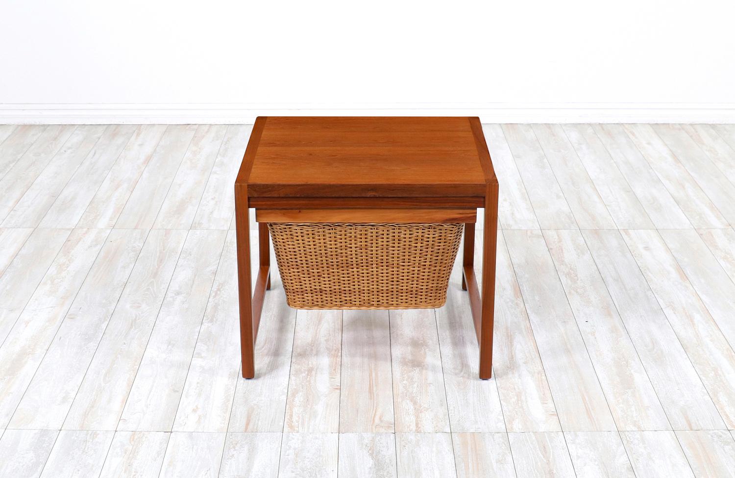 Mid-20th Century Danish Modern Teak Sewing Side Table with Wicker Basket