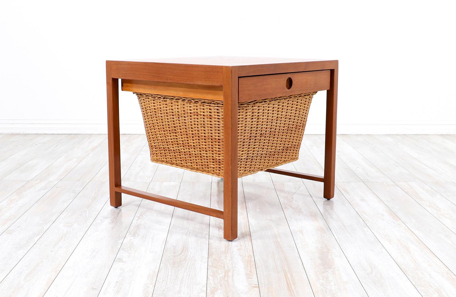Danish Modern Teak Sewing Side Table with Wicker Basket 1