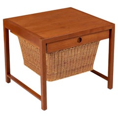 Retro Danish Modern Teak Sewing Side Table with Wicker Basket