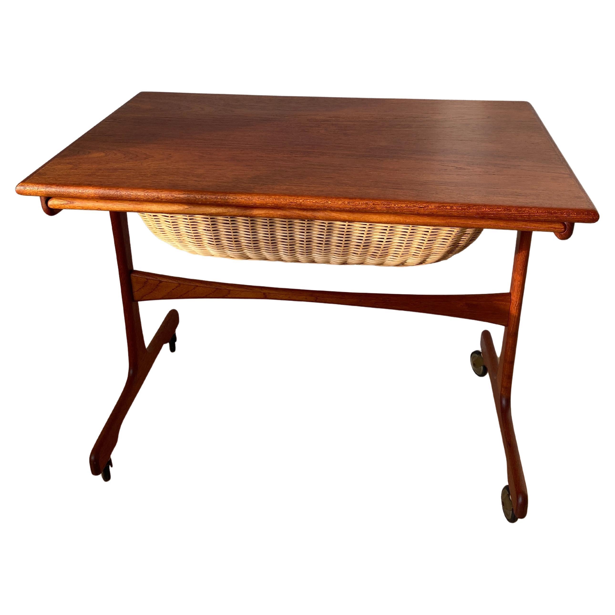 Danish Modern Teak Sewing Table with Woven Basket, Scandinavia, 1960s