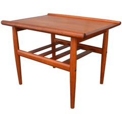 Danish Modern Teak Side Table with Flared Edges & Slat Shelf in Style of Jalk