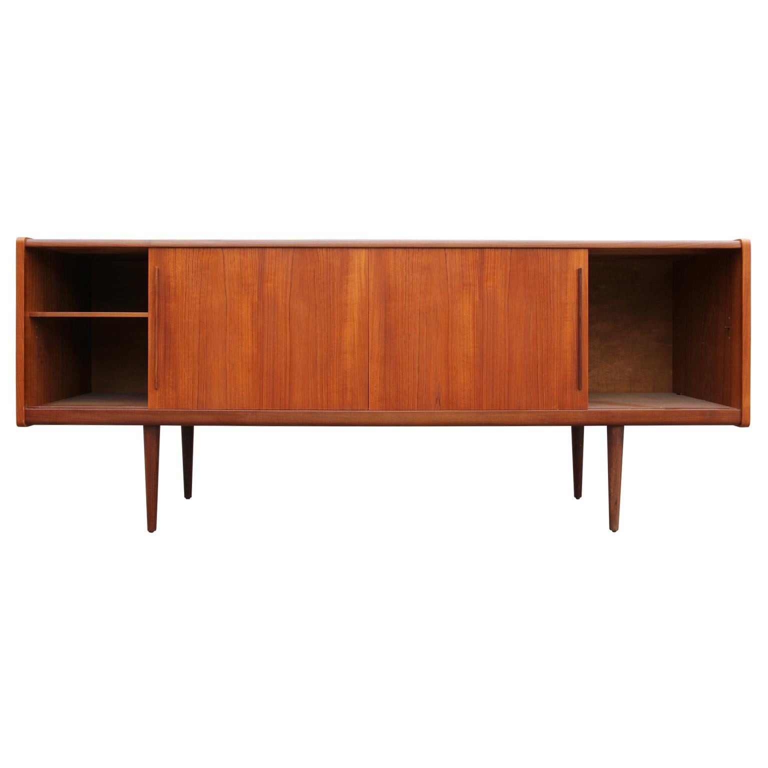 European Danish Modern Teak Sideboard / Credenza with Drawers and Sliding Door Cabinets