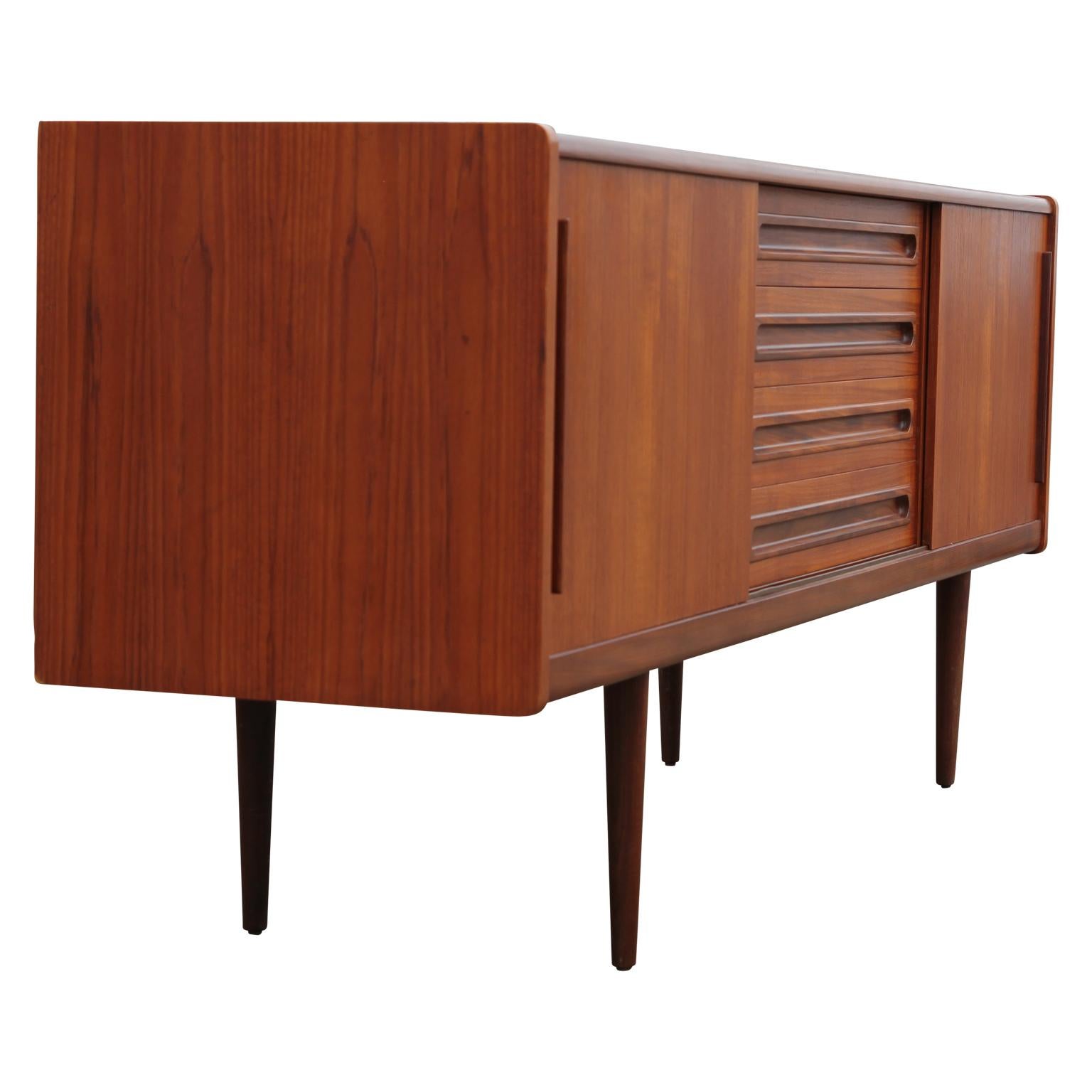 Mid-20th Century Danish Modern Teak Sideboard / Credenza with Drawers and Sliding Door Cabinets