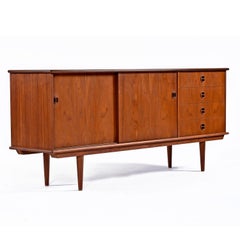 Danish Modern Teak Sliding Door Credenza with Recessed Coin Pulls