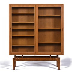 Danish Modern Teak Sliding Glass Door Hutch Cabinet Bookcase with Carved Pulls