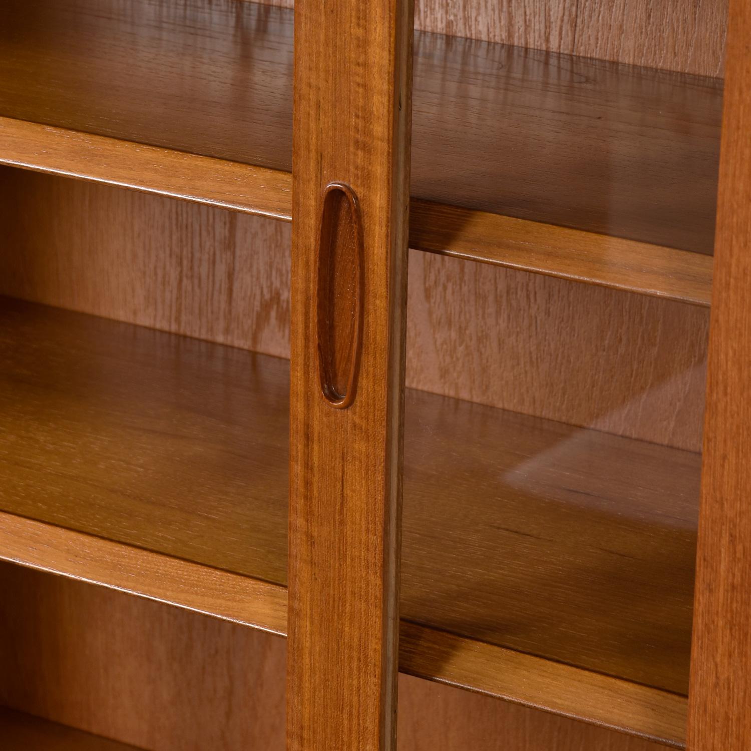 Danish Modern Teak Sliding Glass Door Hutch Cabinet Bookcase with Carved Pulls 3
