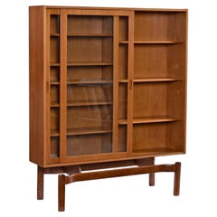 Danish Modern Teak Sliding Glass Door Hutch Cabinet Bookcase with Carved Pulls